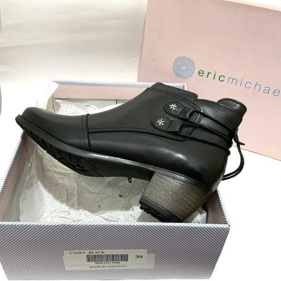 ERIC MICHEAL Casey black leather booties block heel almond toe ankle boots 39 - Picture 14 of 14
